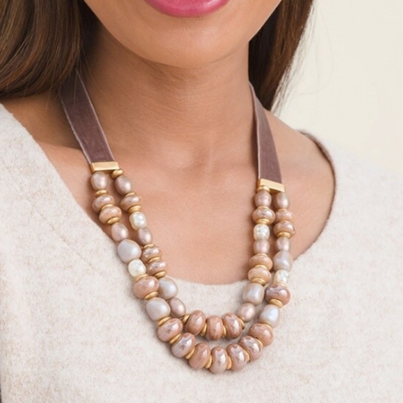 Chico's Taupe Cappuccino Two-Strand Faux Pearl Necklace and Stretch Bracelet Set - Picture 9 of 15